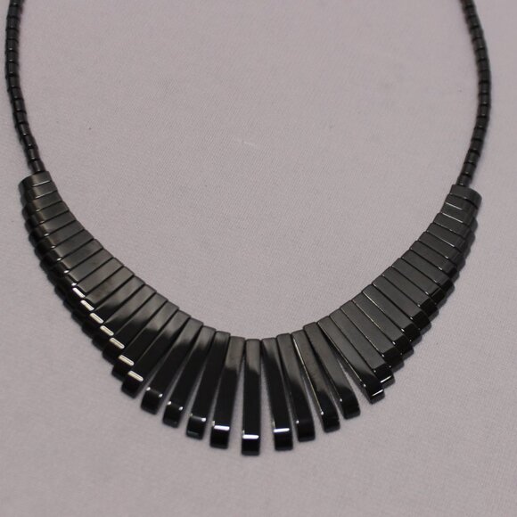Vintage Natural Hematite Graduated Bar Necklace, 24 Inch Length - Picture 4 of 11